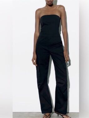 Zara Strapless Black Cargo Jumpsuit